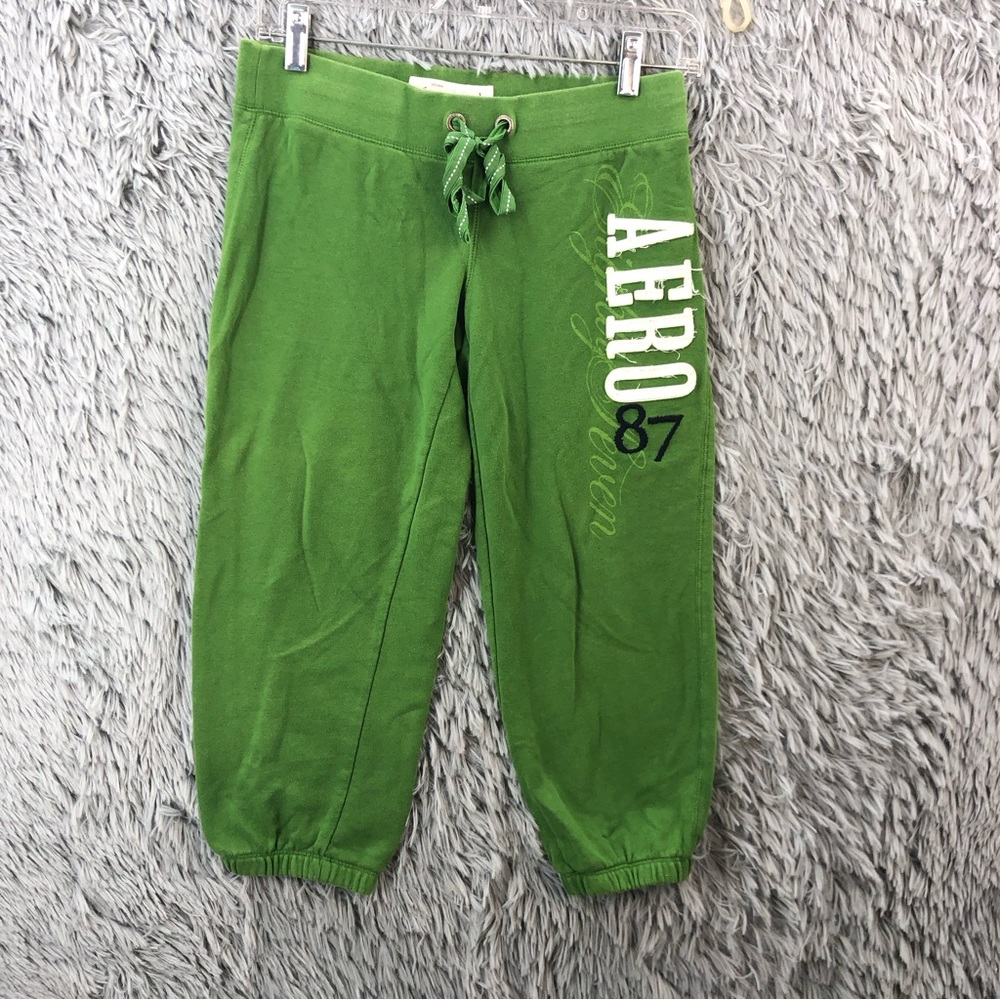 Aeropostale Joggers Womens XS Cropped Drawstring Waist Green Spellout Vintage